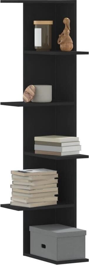 The Living Store Hoekwandschap 36 5x36 5x140 cm bewerkt hout zwart Hoekwand Houten Kast Wandplank Opbergoplossing Living Room Furniture