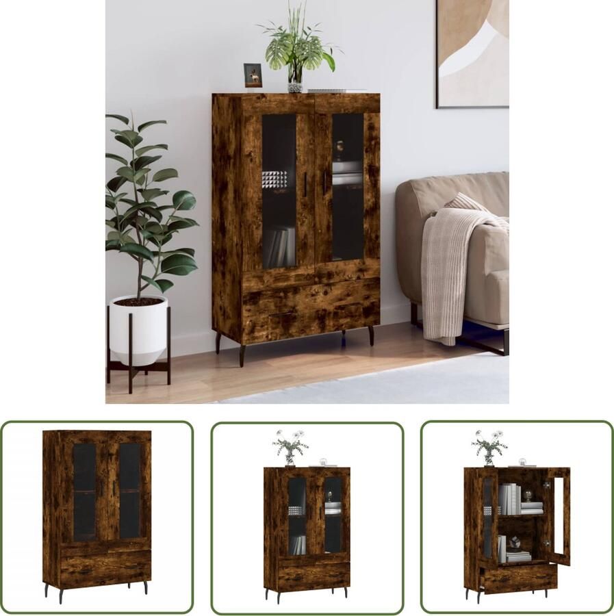 The Living Store Hoge kast 69 5x31x115 cm bewerkt hout gerookt eikenkleurig Hoge Kast Buffetkast Houten Kast Vintage Kast Landelijke Kast