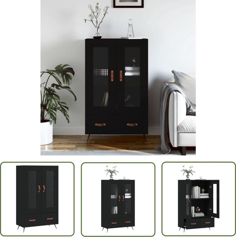 The Living Store Hoge kast 69 5x31x115 cm bewerkt hout zwart Hoge Kast Dressoir Buffetkast Zwarte Kast Houten Kast - Foto 2