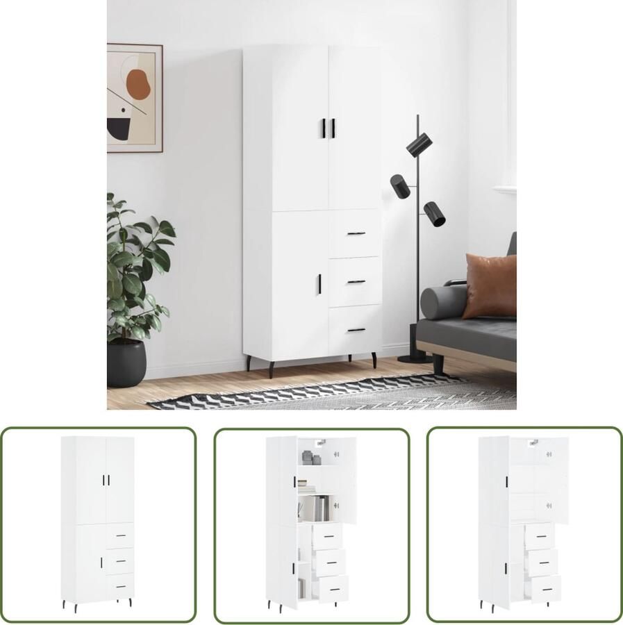 The Living Store Hoge kast 69 5x34x180 cm bewerkt hout wit Hoge Kast Houten Kast Opbergkast Kast Wit Living Room Furniture