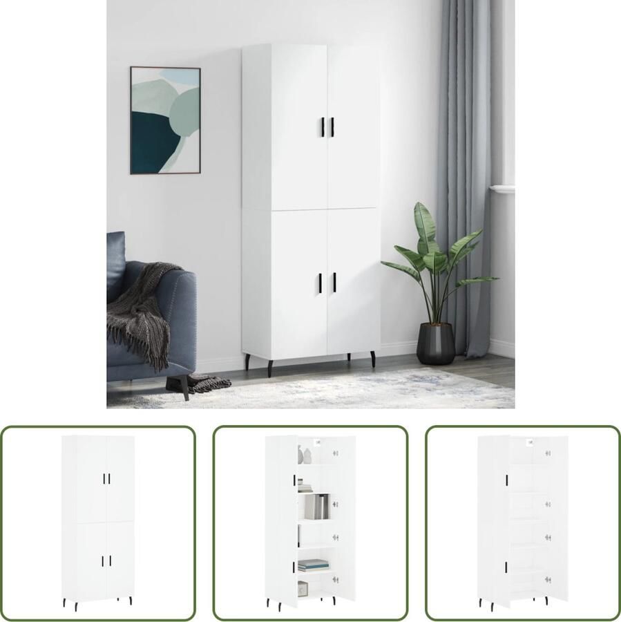 The Living Store Hoge kast 69 5x34x180 cm bewerkt hout wit Hoge Kast Witte Kast Houten Kast Opbergkast Woonkamer Kast