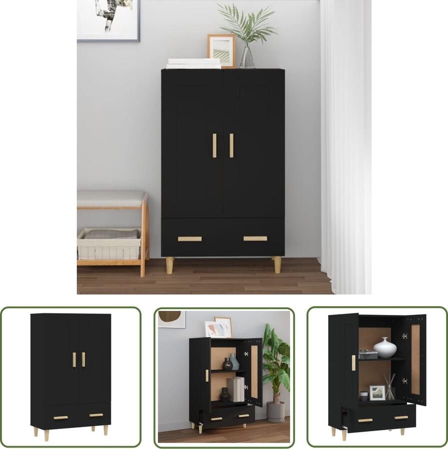 The Living Store Hoge kast 70x31x115 cm bewerkt hout zwart Hoge Kast Zwart Houten Kast Opbergkast Scandinavisch Meubilair