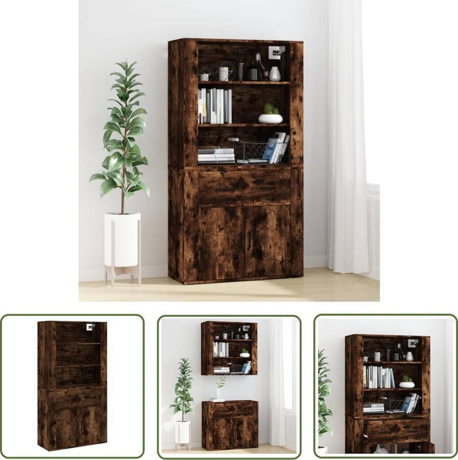 The Living Store Hoge kast bewerkt hout gerookt eikenkleurig Hoge Kast Buffetkast Houten Kast Gerookte Eiken Kleur Opslagoplossing - Foto 2