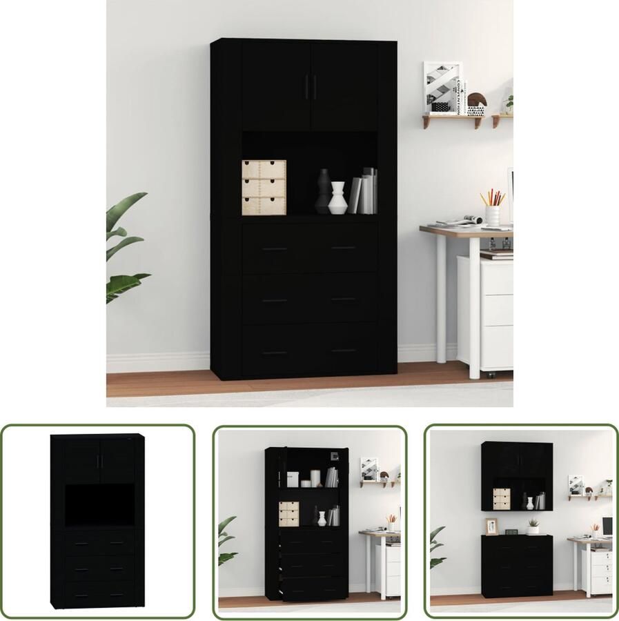 The Living Store Hoge kast bewerkt hout zwart Hoge Kast Buffetkast Houten Kast Zwarte Kast Opslagruimte - Foto 5