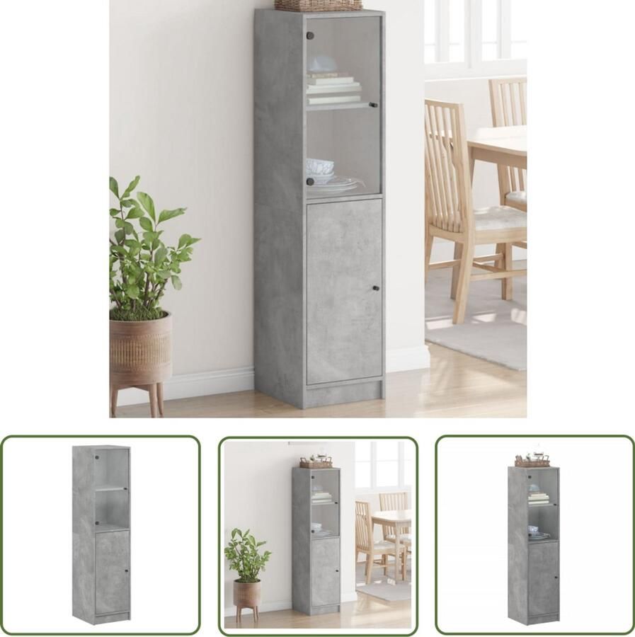 The Living Store Hoge kast met glazen deur 35x37x142 cm betongrijs Hoge Kast Betonnen Kast Houten Kast Opbergkast Vitrinekast