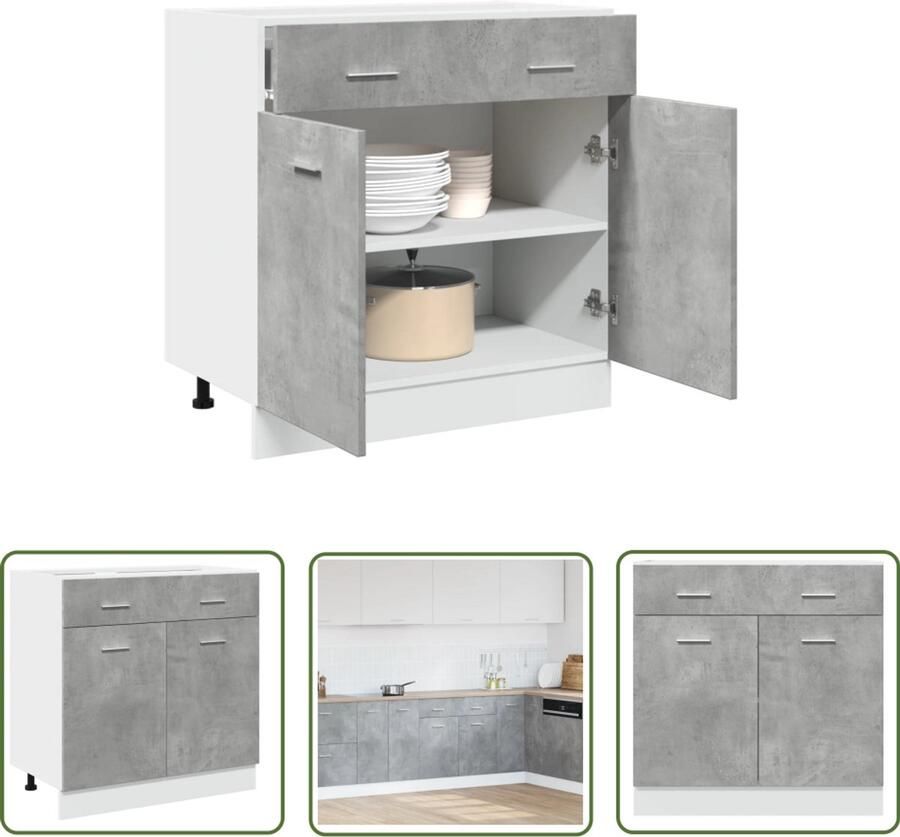 VidaXL Houten Kast Keukenonderkast Onderkast met lade Lyon 80x46x81 5 cm bewerkt hout betongrijs Opslagoplossing Keukenorganisatie Betonnen Grijze Kast