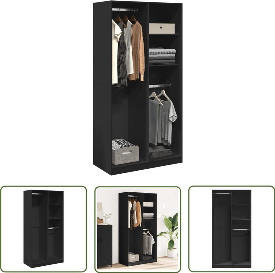 The Living Store Kledingkast 100x50x200 cm bewerkt hout zwart Kledingkast Houten Kast Opslagoplossing Gangkast Zwarte Kast
