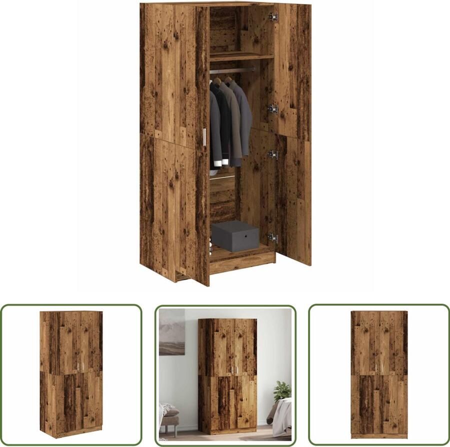 The Living Store Kledingkast 80x52x180 cm bewerkt hout oud houtkleurig Kledingkast Houten Kast Opslagkast Vintage Kast Bedroom Furniture