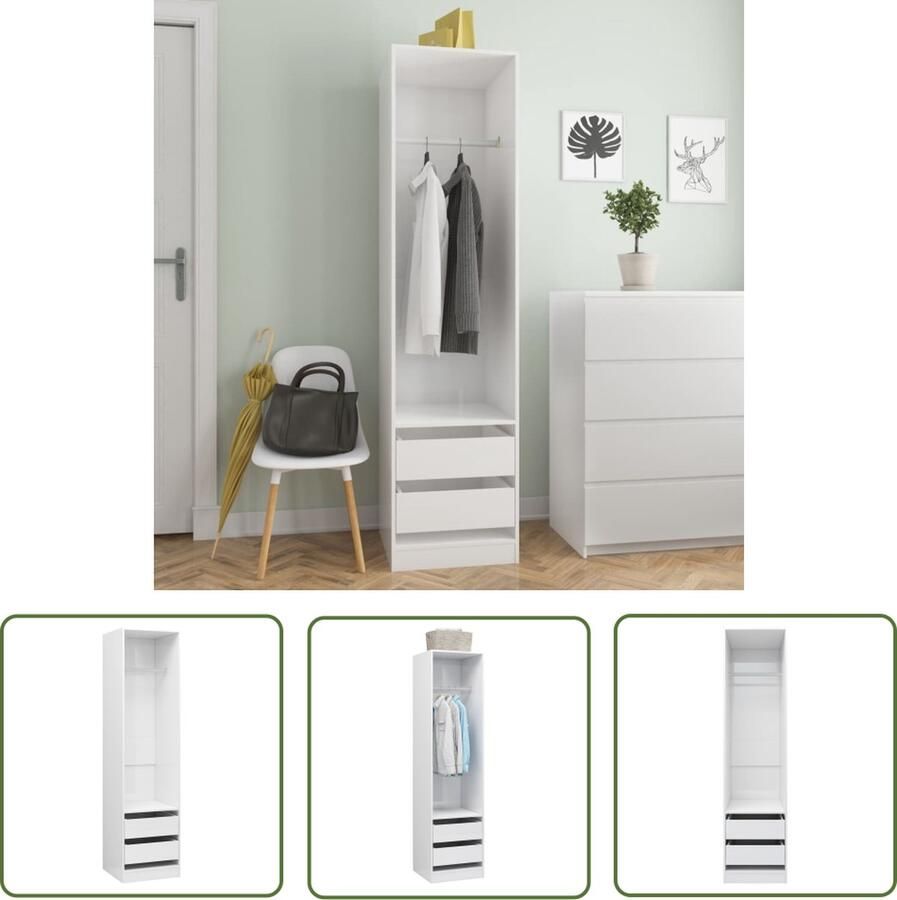 The Living Store Kledingkast met lades 50x50x200 cm bewerkt hout hoogglans wit Kledingkast Houten Kast Garderobe Witte Kast Compact Kast - Foto 2