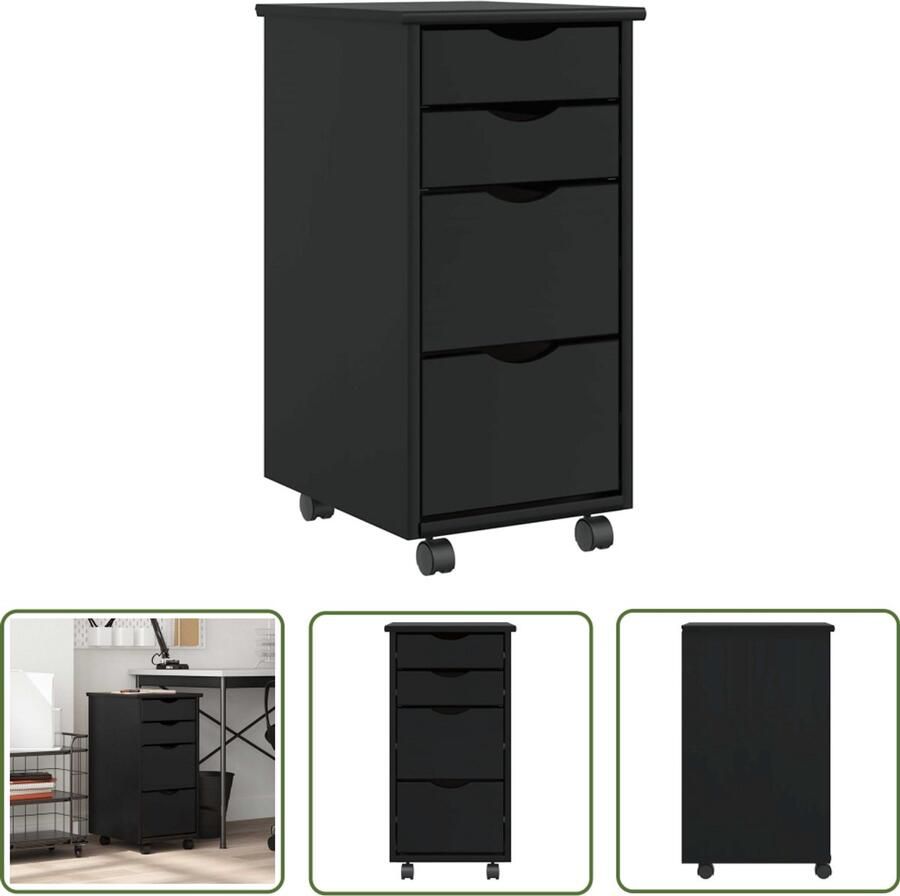 The Living Store Ladekast MOSS verrijdbaar massief grenenhout zwart Ladekast Houten Kast Opslagkast Bureaulade Grijze Ladekast