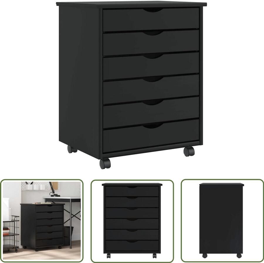 The Living Store Ladekast MOSS verrijdbaar massief grenenhout zwart Ladekast Houten Kast Opslagkast Bureaulade Grijze Ladekast