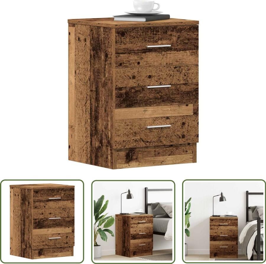 The Living Store Nachtkastje 38x35x55 cm bewerkt hout oud houtkleurig Nachtkastje Houten Kast Vintage Kast Slaapkamerrubriek Opbergvakken