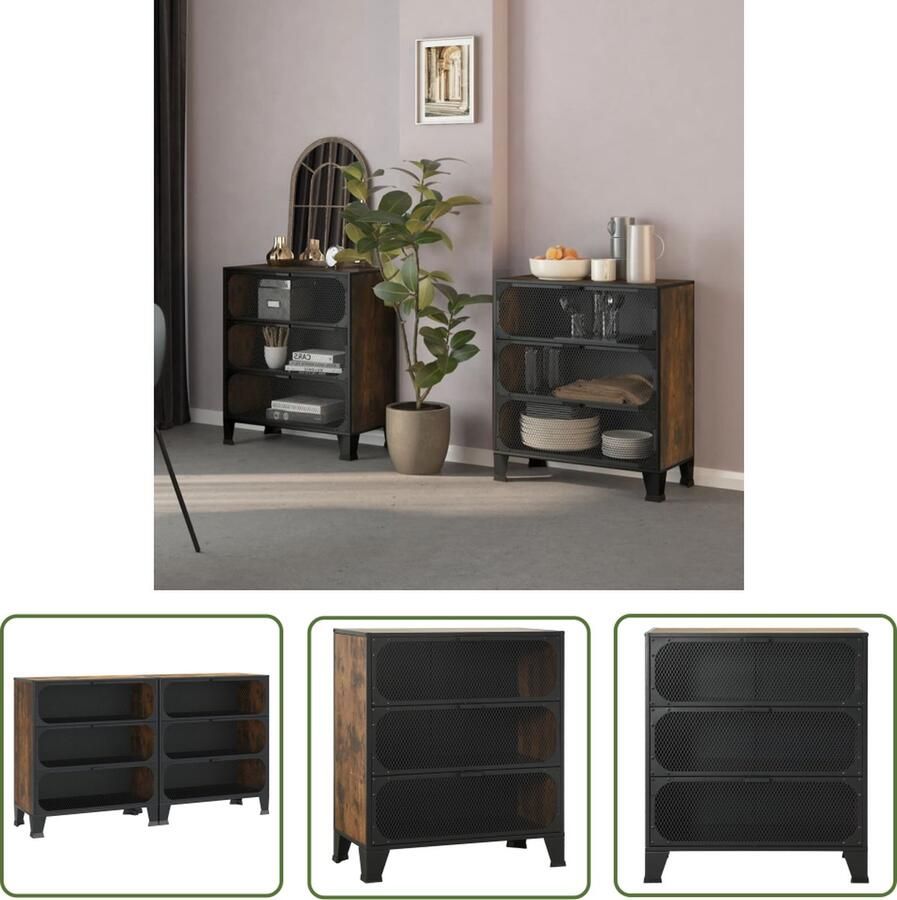 The Living Store Opbergkast 72 x 36 x 82 cm Rustiek Bruin Metalen en MDF Kast met 3 Gaasdeuren Opslagkast Houten Kast Metalen Kast Industrieel Design Ruime Opslag - Foto 4