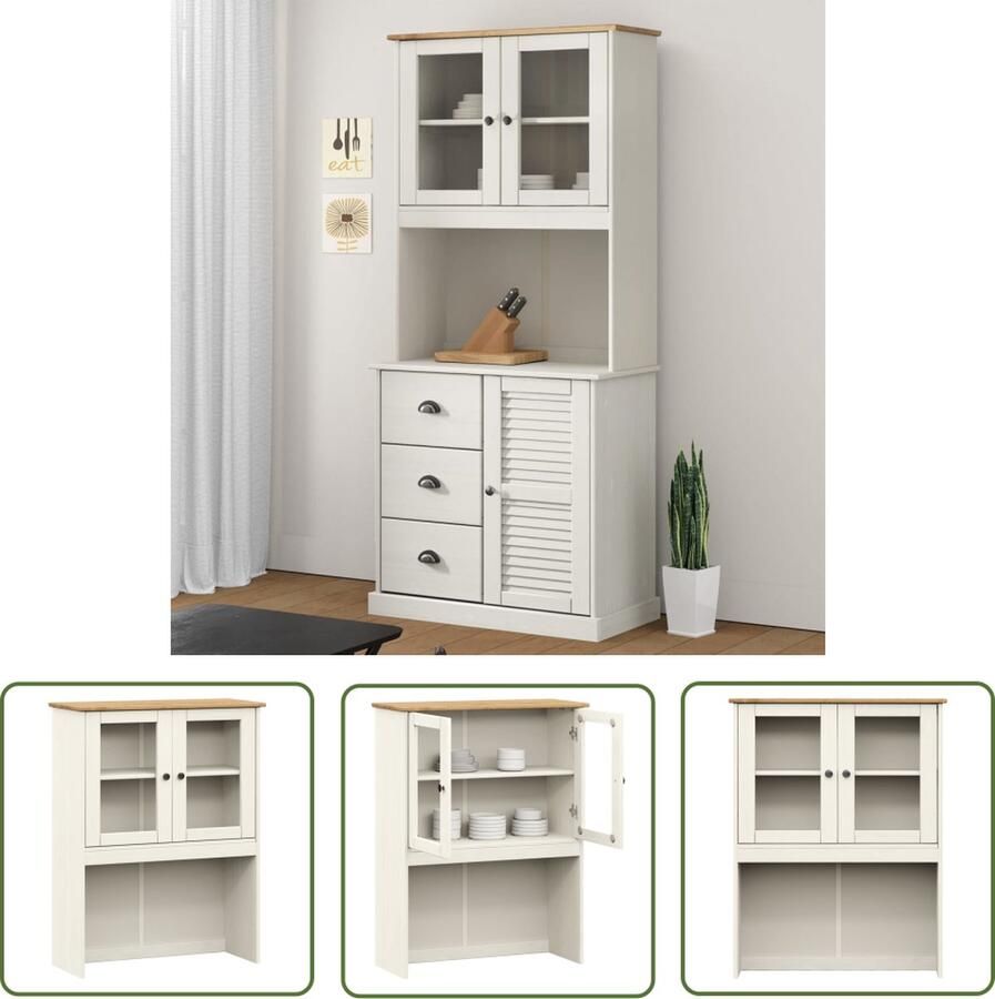 The Living Store Opzetkast VIGO 78x30x100 cm massief grenenhout wit Opbergkast Houten Kast Grenoble Kast Keuken Kast Bovenkast