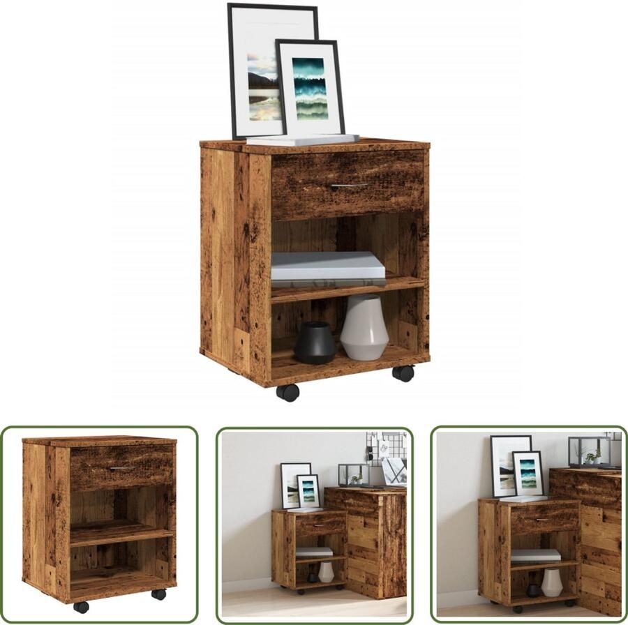 The Living Store Rolkast 46x36x59 cm bewerkt hout oud houtkleurig Rolkast Houten Kast Opbergkast Vintage Kast Multifunctionele Kast
