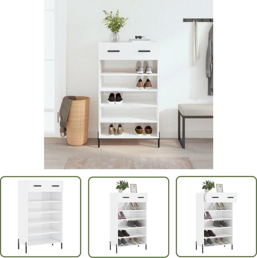 The Living Store Schoenenkast Hoogglans wit 60 x 35 x 105 cm Duurzaam hout Praktisch ontwerp Inclusief bevestigingsmateriaal Schoenenkast Houten Kast Wit Meubel Opbergkast Entreehal - Foto 2