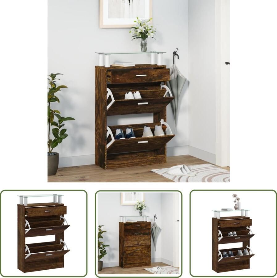 The Living Store Schoenenkast 63x24x104 cm bewerkt hout gerookt eikenkleurig Schoenenkast Houten Kast Bergruimte Entreehal Livingroom - Foto 2