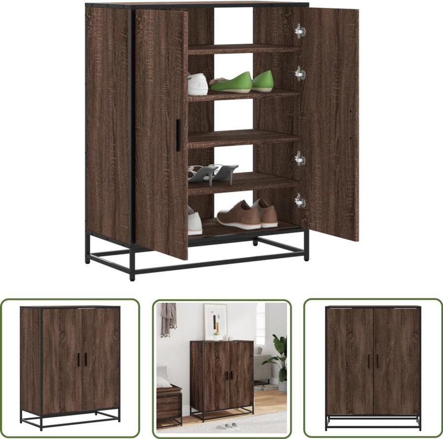 VidaXL Houten Kast Schoenenkast 75x38x97 5 cm bewerkt hout en metaal bruin eiken Bruine Kast Bergruimte Entree Meubel