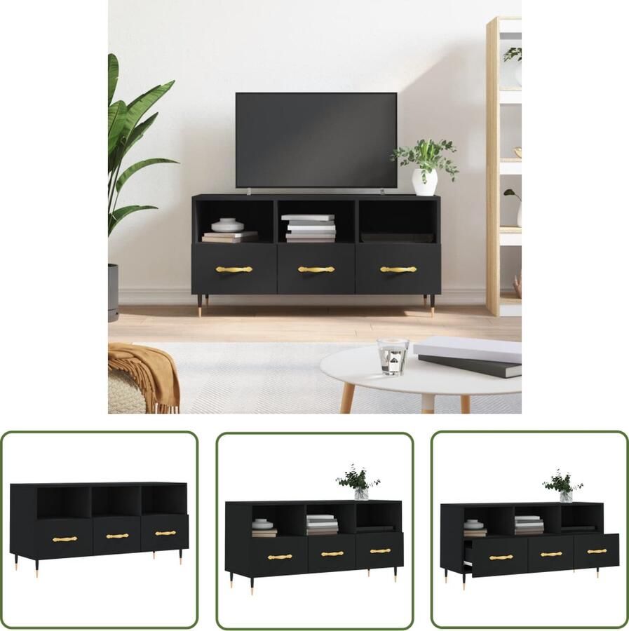 The Living Store Televisiekast Bewerkt Hout 102 x 36 x 50 cm Zwart Televisiekast Houten Kast Mediakast Tv Stand Zwarte Kast - Foto 2