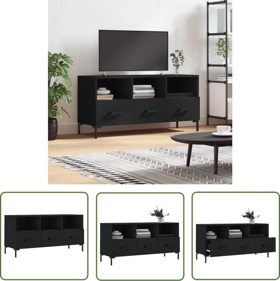 The Living Store Stevige Televisiekast Zwart Hout IJzer 102x36x50cm Televisiekast Houten Kast Zwarte Kast Tv Stand Salontafel - Foto 2
