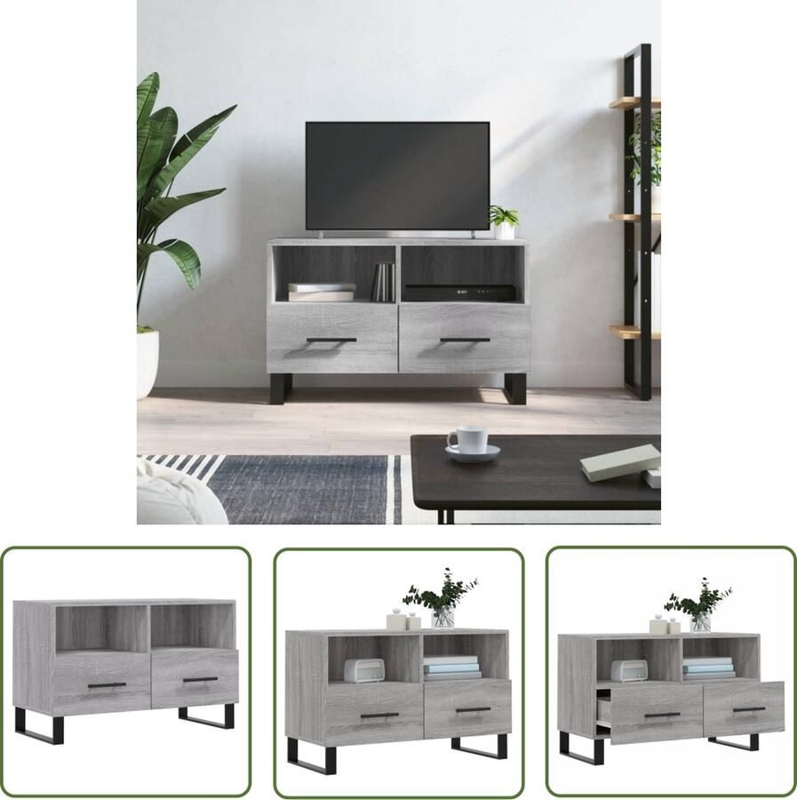 The Living Store Televisiekast Grey Sonoma Eiken 80 x 36 x 50 cm Met opbergruimte Televisiekast Houten Kast Grijze Kast Salontafel Tv Stand - Foto 2