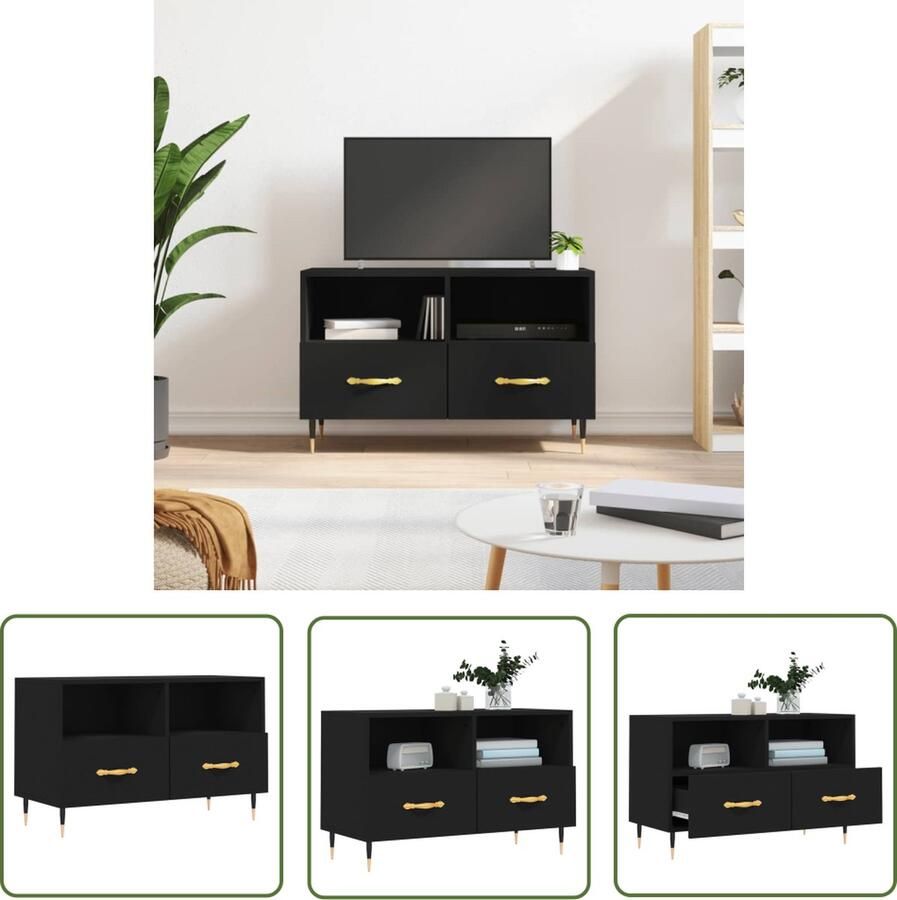 The Living Store Televisiekast Stevig Bewerkt hout 80 x 36 x 50 cm Zwart Televisiekast Houten Kast Mediakast Tv Stand Zwart - Foto 2