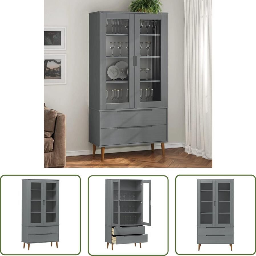 The Living Store Vitrinekast MOLDE 90x35x175 cm massief grenenhout grijs Vitrinekast Houten Kast Scandinavische Stijl Grenoblehout Tv Meubel