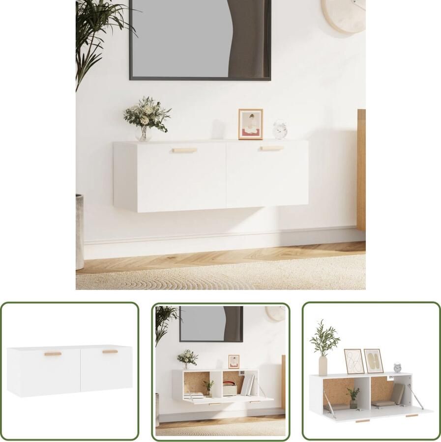 The Living Store Wandkast Kast Afmetingen- 100x36.5x35cm Kleur- wit Wandkast Houten Kast Opbergkast Keukenopstelling Livingroomdecor - Foto 2