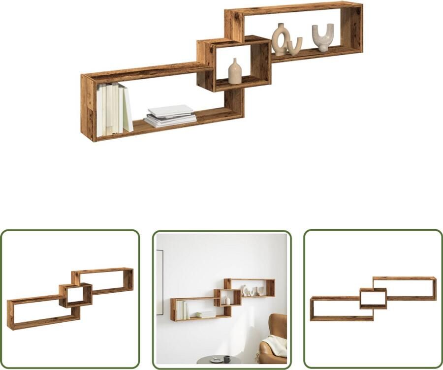 The Living Store Wandkast 158x18x53 cm bewerkt hout oud houtkleurig Wandkast Houten Kast Opslagoplossing Zwevende Kast Vintage Stijl