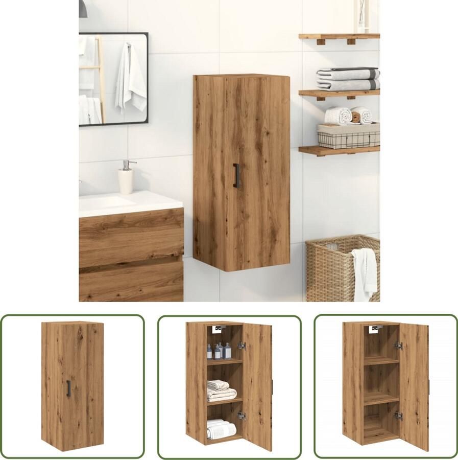 The Living Store Wandkast 34 5x34x90 cm bewerkt hout artisanaal eikenkleur Wandkast Houten Kast Opbergkast Eiken Kleur Salontafel
