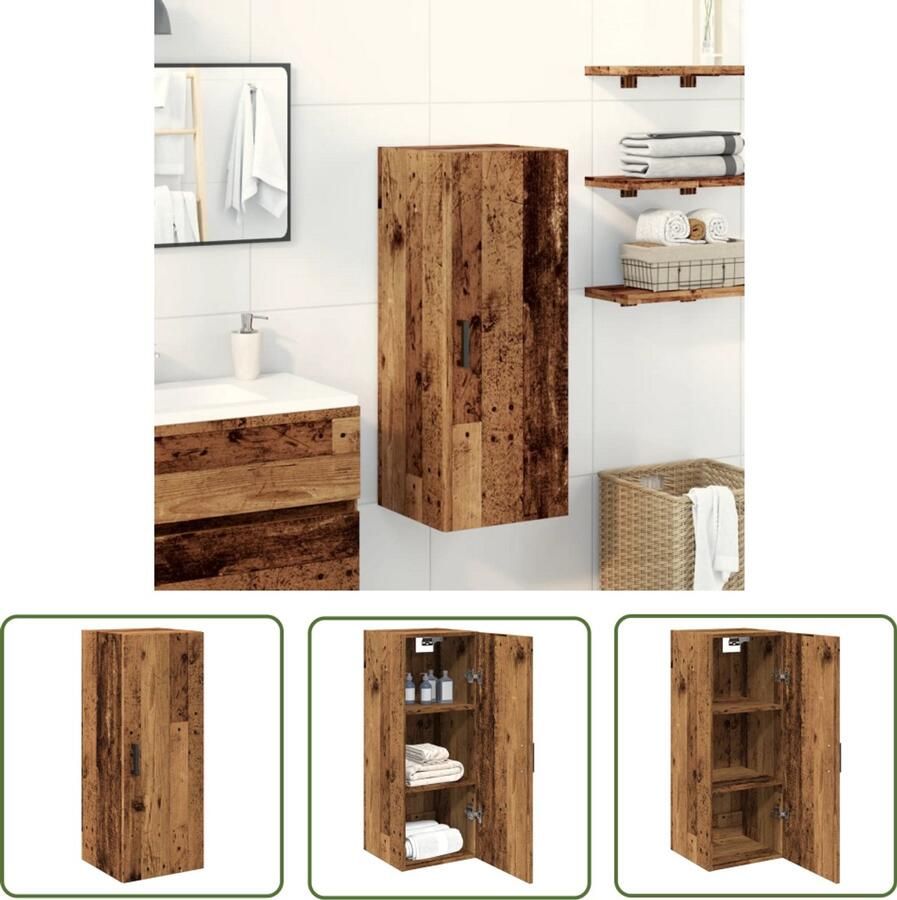 The Living Store Wandkast 34 5x34x90 cm bewerkt hout oud houtkleur Wandkast Houten Kast Opslagoplossing Bergruimte Decoratieve Kast