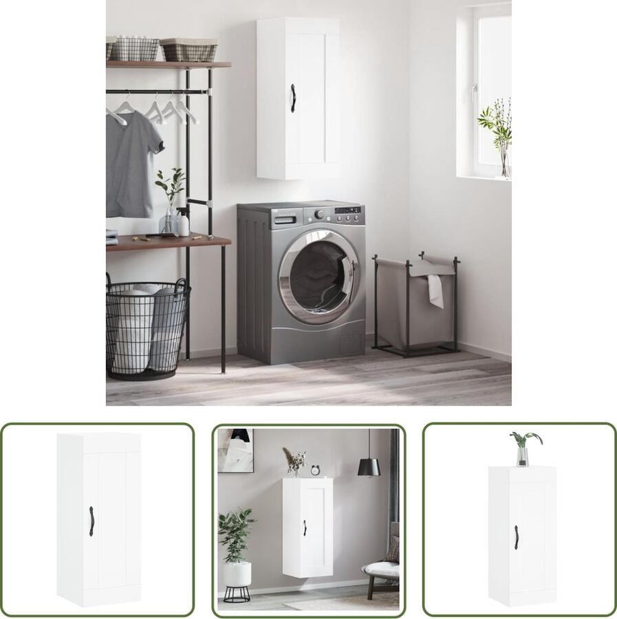 The Living Store Wandkast 34 5x34x90 cm bewerkt hout wit Wandkast Opbergkast Witte Kast Houten Kast Moderne Kast - Foto 2