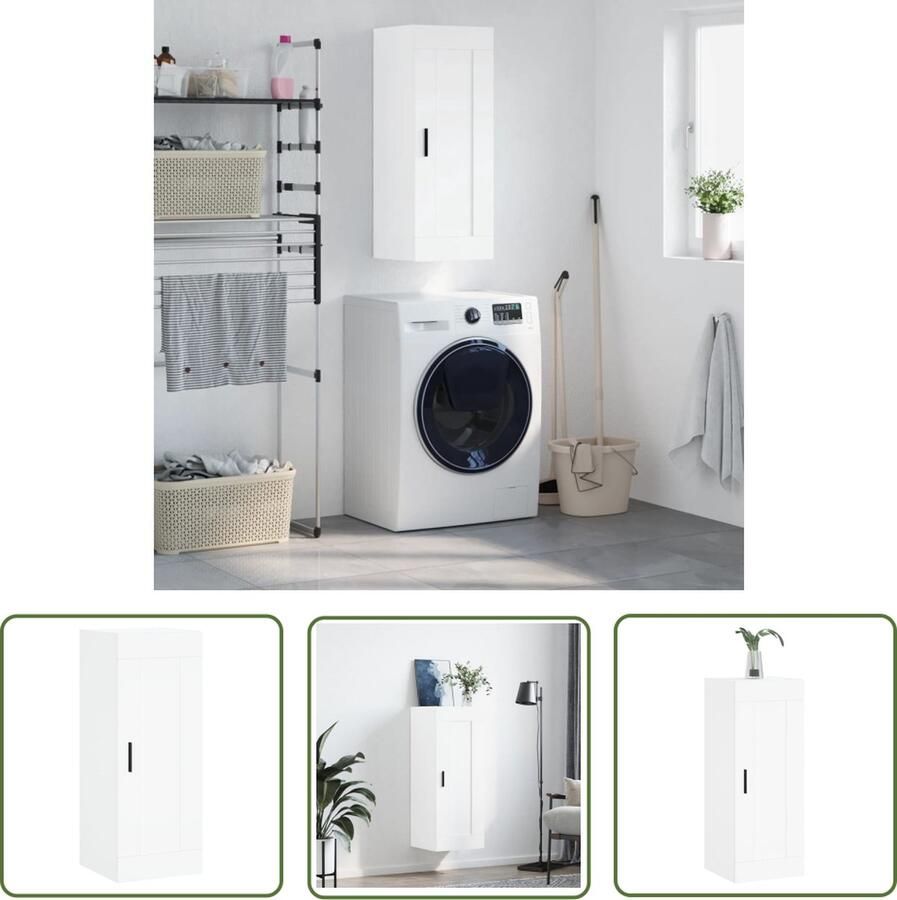 The Living Store Wandkast 34 5x34x90 cm bewerkt hout wit Wandkast Opbergkast Witte Kast Houten Kast Moderne Kast