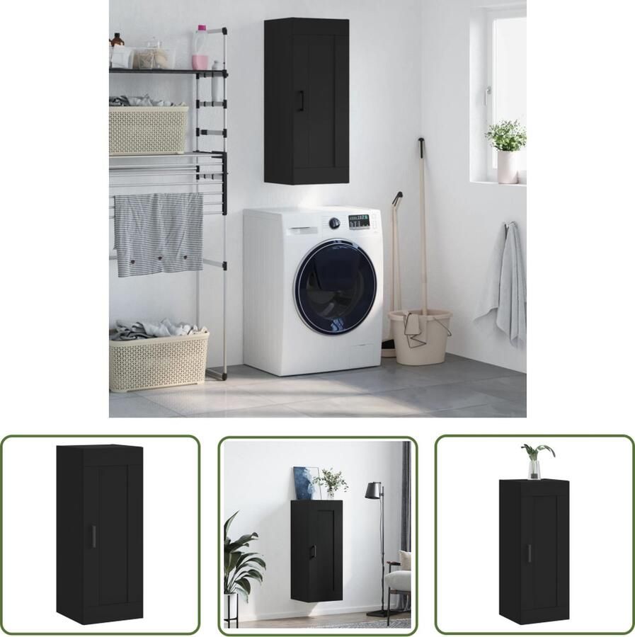 The Living Store Wandkast 34 5x34x90 cm bewerkt hout zwart Wandkast Houten Kast Opbergkast Keukenopstelling Badkamermeubilair