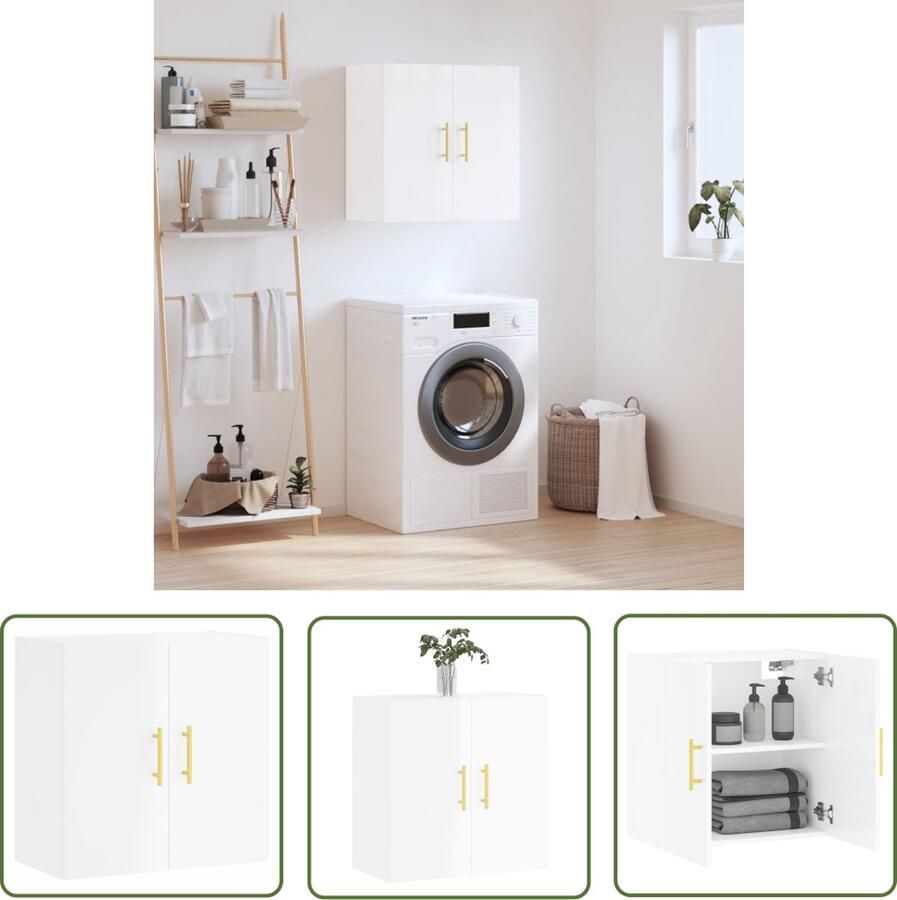 The Living Store Wandkast Hoogglans wit 60 x 31 x 60 cm Bewerkt hout Wandkast Houten Kast Opbergkast Keukenkast Badkamerkast - Foto 2