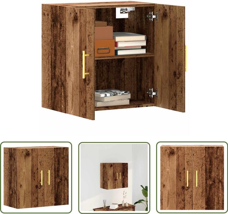 The Living Store Wandkast 60x31x60 cm bewerkt hout oud houtkleurig Wandkast Houten Kast Vintage Kast Opbergkast Badkamerkast