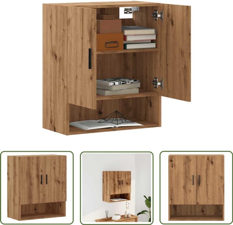 The Living Store Wandkast 60x31x70 cm bewerkt hout artisanaal eikenkleur Wandkast Houten Kast Opslagkast Bergruimte Eiken Kleurtint
