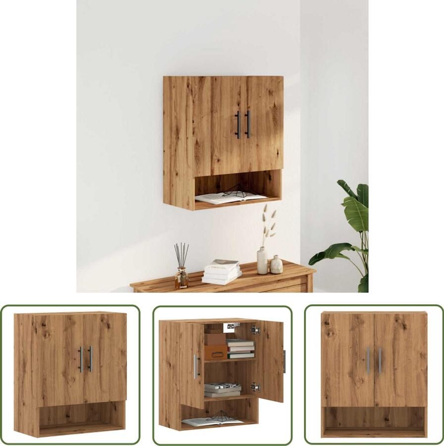The Living Store Wandkast 60x31x70 cm bewerkt hout artisanaal eikenkleur Wandkast Houten Kast Opslagoplossing Eiken Kleur Woonaccessoires