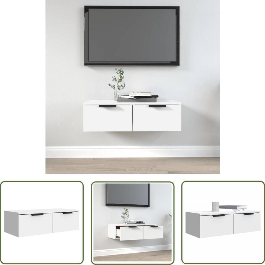 The Living Store Wandkast 68x30x20 cm bewerkt hout wit Wandkast Hangkast Houten Kast Opbergkast Livingroom Meubels