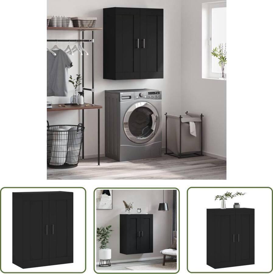 The Living Store Wandkast 69 5x34x90 cm bewerkt hout zwart Wandkast Opbergkast Keukenkast Houten Kast Zwarte Kast