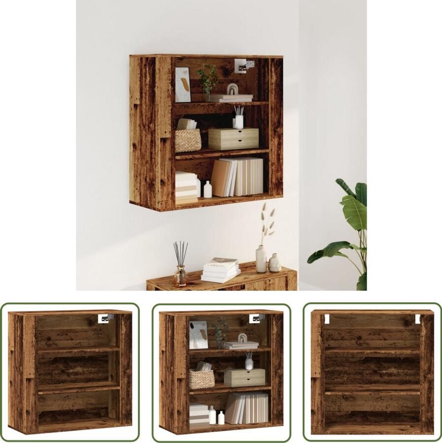 The Living Store Wandkast 80x33x80 cm bewerkt hout oud houtkleurig Wandkast Houten Kast Opbergkast Vintage Kast Badkamerkast
