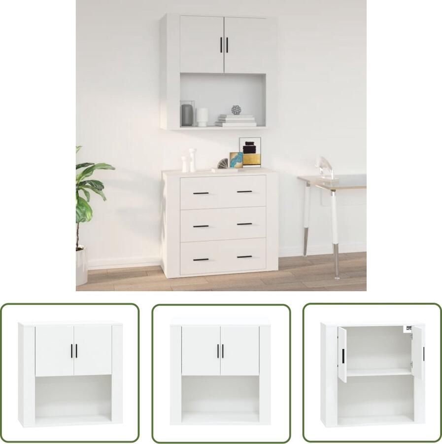 The Living Store Wandkast 80x33x80 cm bewerkt hout wit Hangkast Houten Kast Wandkast Opbergkast Wit Meubilair