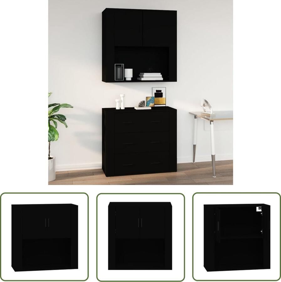 The Living Store Wandkast 80x33x80 cm bewerkt hout zwart Hangkast Wandkast Houten Kast Zwarte Kast Opbergkast