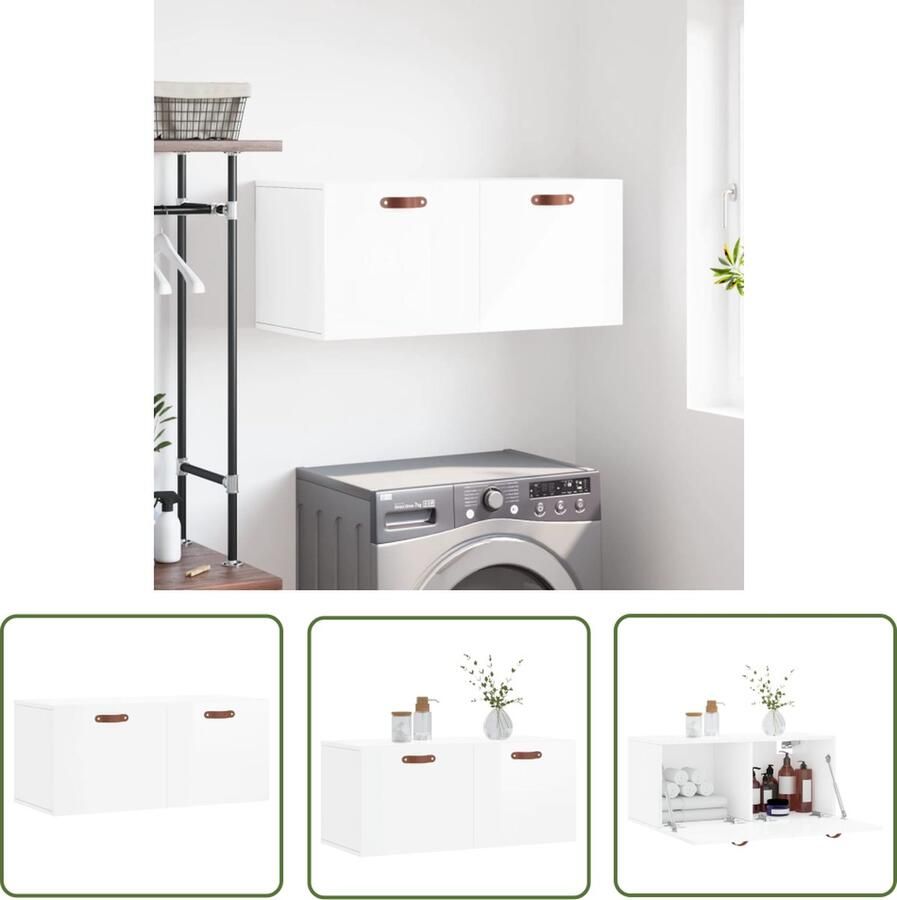 The Living Store Wandkast Hoogglans wit 80 x 36.5 x 35 cm Duurzaam materiaal Wandkast Houten Kast Witte Kast Opbergkast Badkamerkast - Foto 2