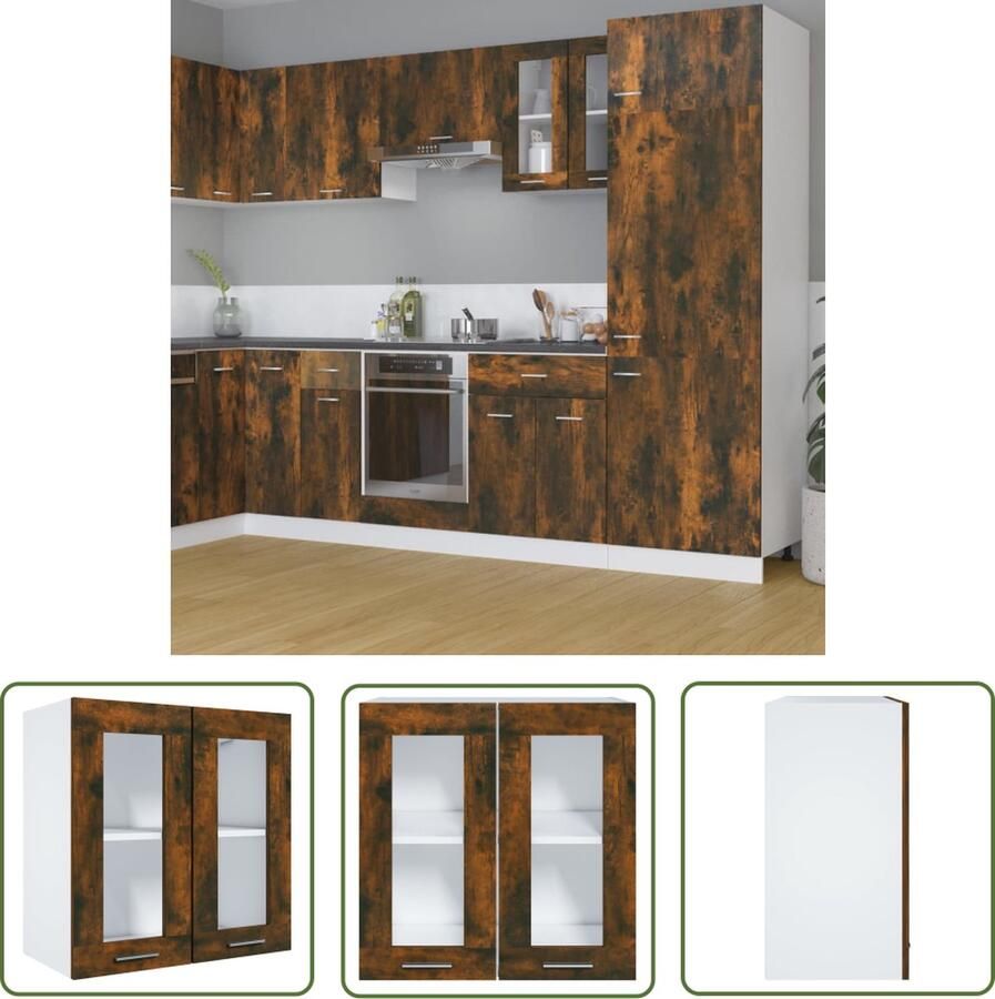 The Living Store Wandkast hangend 60x31x60 cm glas en bewerkt hout gerookt eiken Hangkast Keukenkast Wandkast Houten Kast Bruine Kast