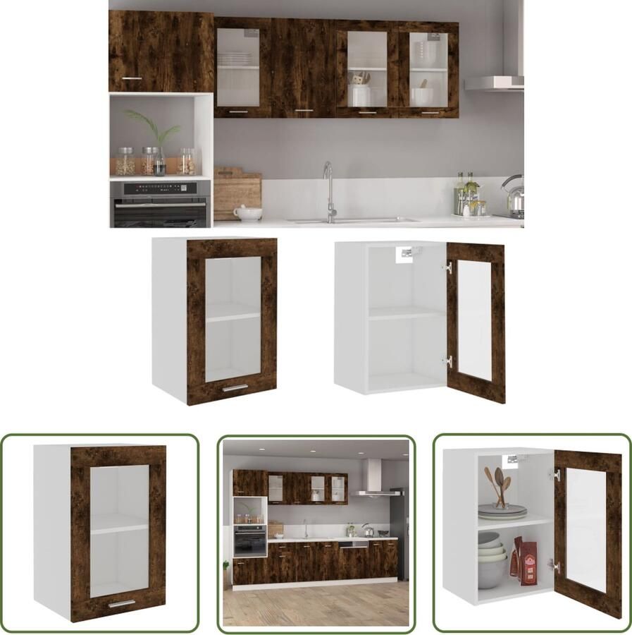 VidaXL Wandkast Lyon 40x31x60 cm glas en bewerkt hout gerookt eikenkleurig Wandkast Houten Kast Bruine Kast Keukenopstelling Opslagmogelijkheid