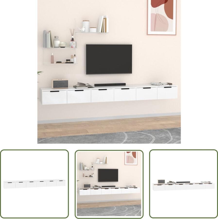 The Living Store Wandkasten 2 st 102x30x20 cm bewerkt hout wit Zwevende Wandkast Houten Kast Witte Kast Opbergkast