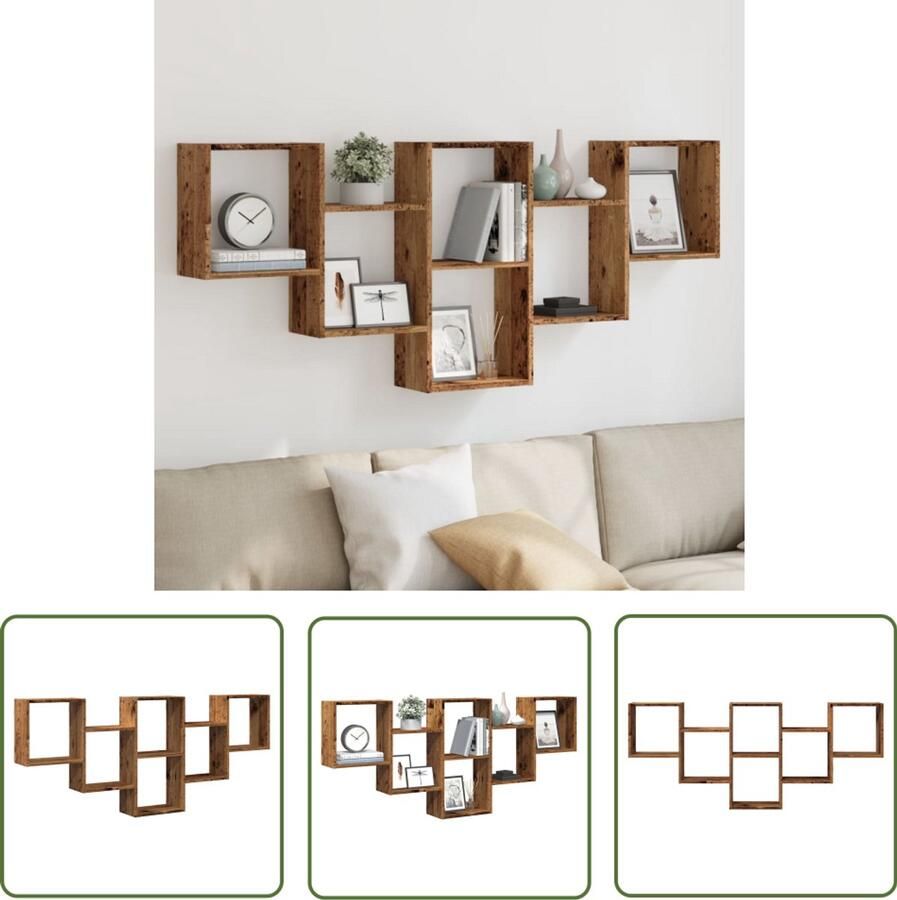The Living Store Wandschap 159x18x66 cm bewerkt hout oud houtkleurig Wandschappen Houten Wandplank Opbergwand Muurschaps Kastjes