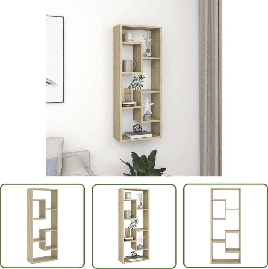 The Living Store Wandschap 36x16x90 cm bewerkt hout sonoma eikenkleurig Wanddecoratie Kasten Salontafel Woonkamer Meubels Houten Kast