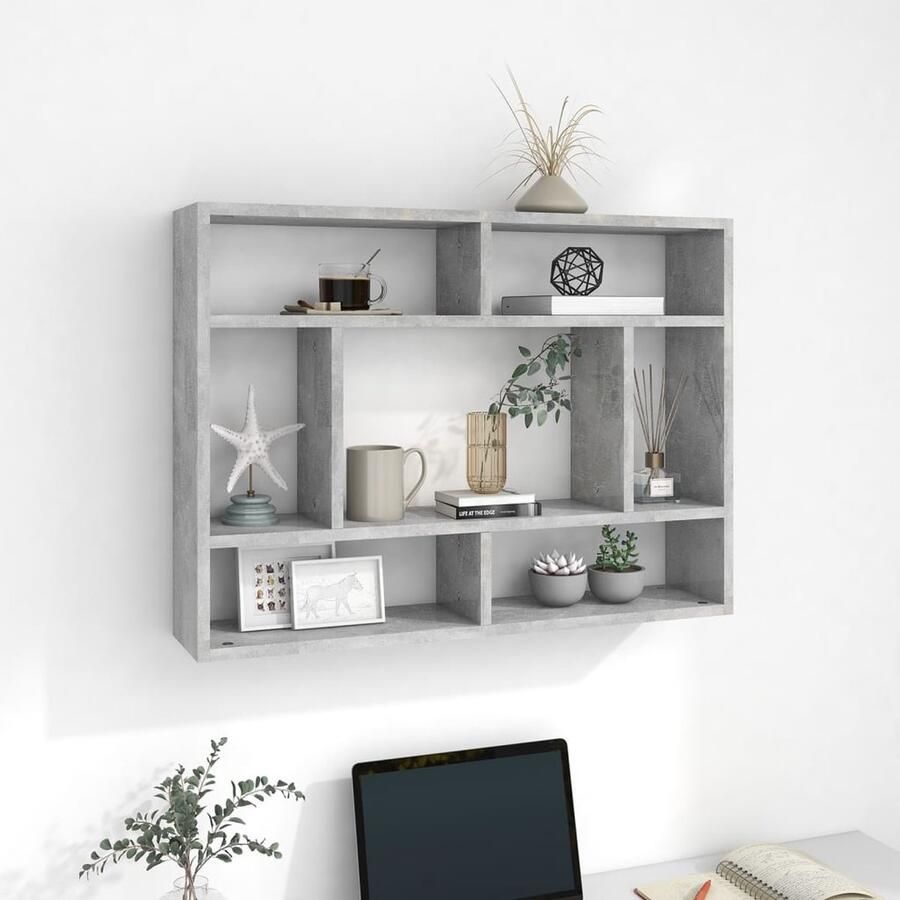 The Living Store Wandschap 75x16x55 cm bewerkt hout betongrijs Wandplank Hangend Rek Bergruimte Woondecoratie Betonlook